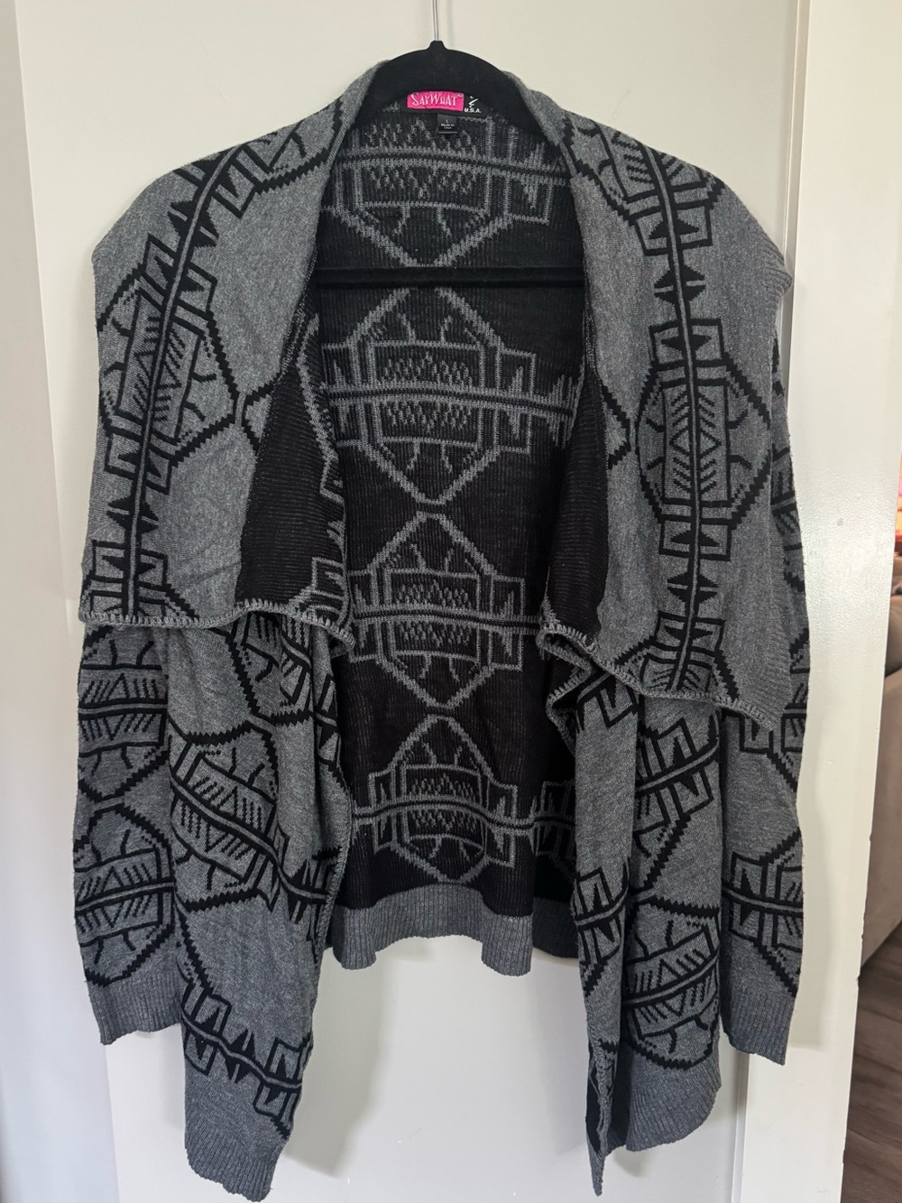 Say What? Large Gray & Black Aztec Tribal Boho Waterfall Cardigan Sweater